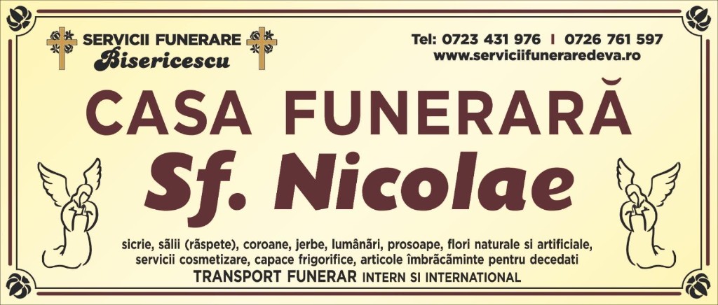 Panou Casa Funerară Sf. Nicolae Deva — sicrie, coroane, capelă, transport funerar intern și internațional